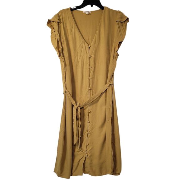 Goodthreads Women's Fluid Twill Tulip Short-Sleeve Tie-Waist Dress Mustard XL - Picture 1 of 10